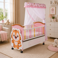 BABY WOODEN CRIB WITH MOSQUITO NET AND STORAGE - PINK