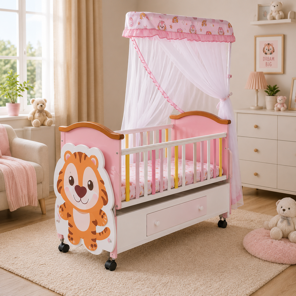 BABY WOODEN CRIB WITH MOSQUITO NET AND STORAGE - PINK