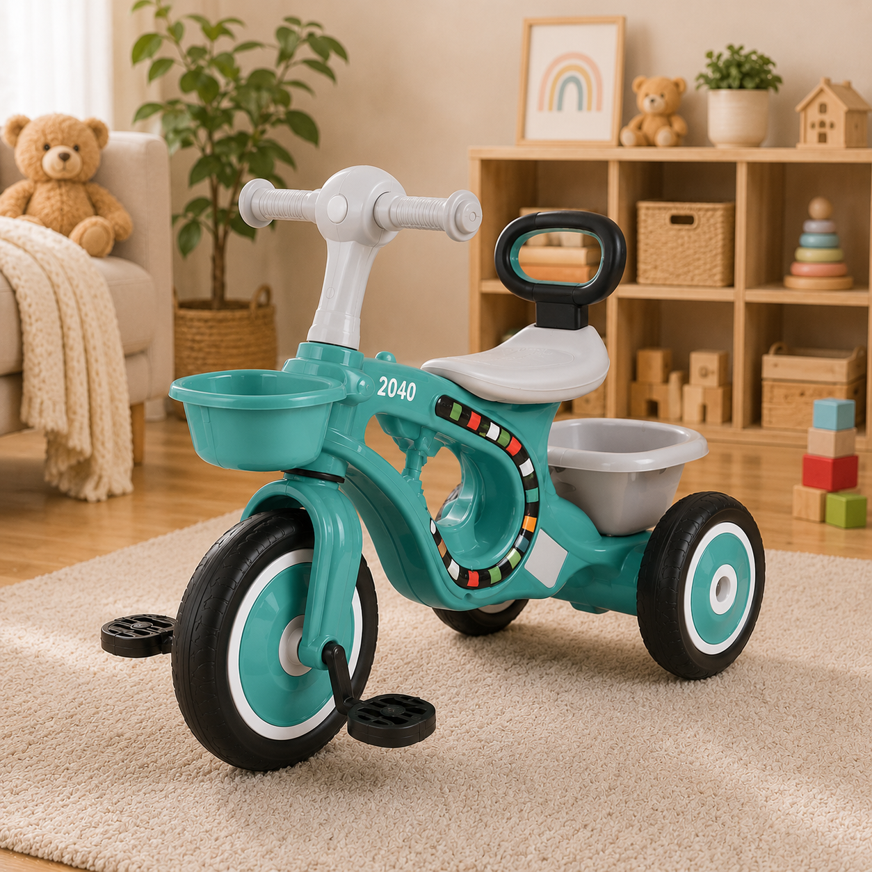 Musical Kids Tricycle With Storage Basket - Sea Green