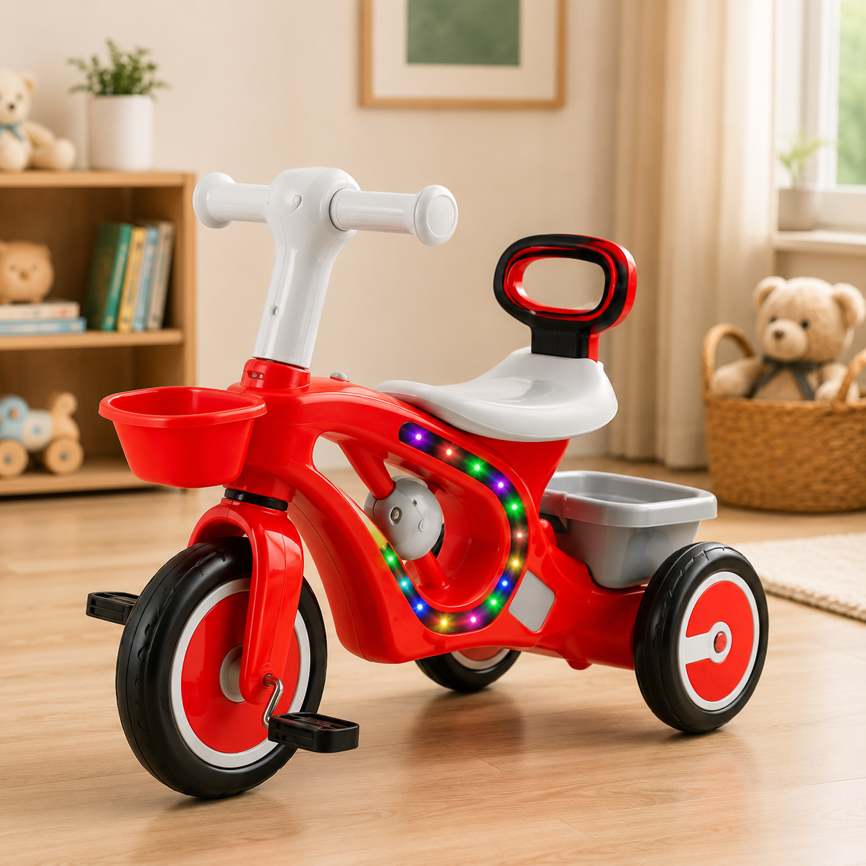 Musical Kids Tricycle With Storage Basket - Red