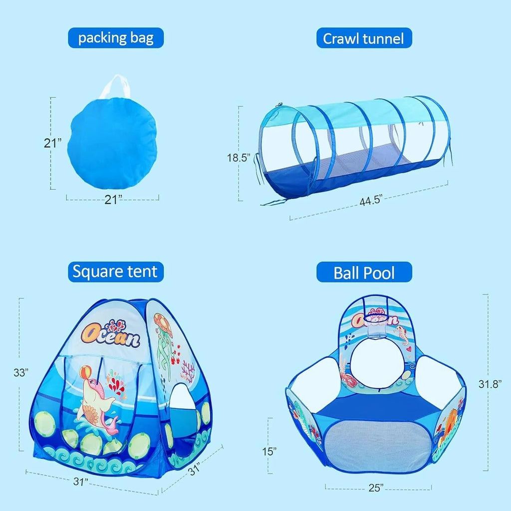 Infantes 3 Pc Ball Pit Tunnel Tent House / Ball House Ocean Blue + Free 50 Balls