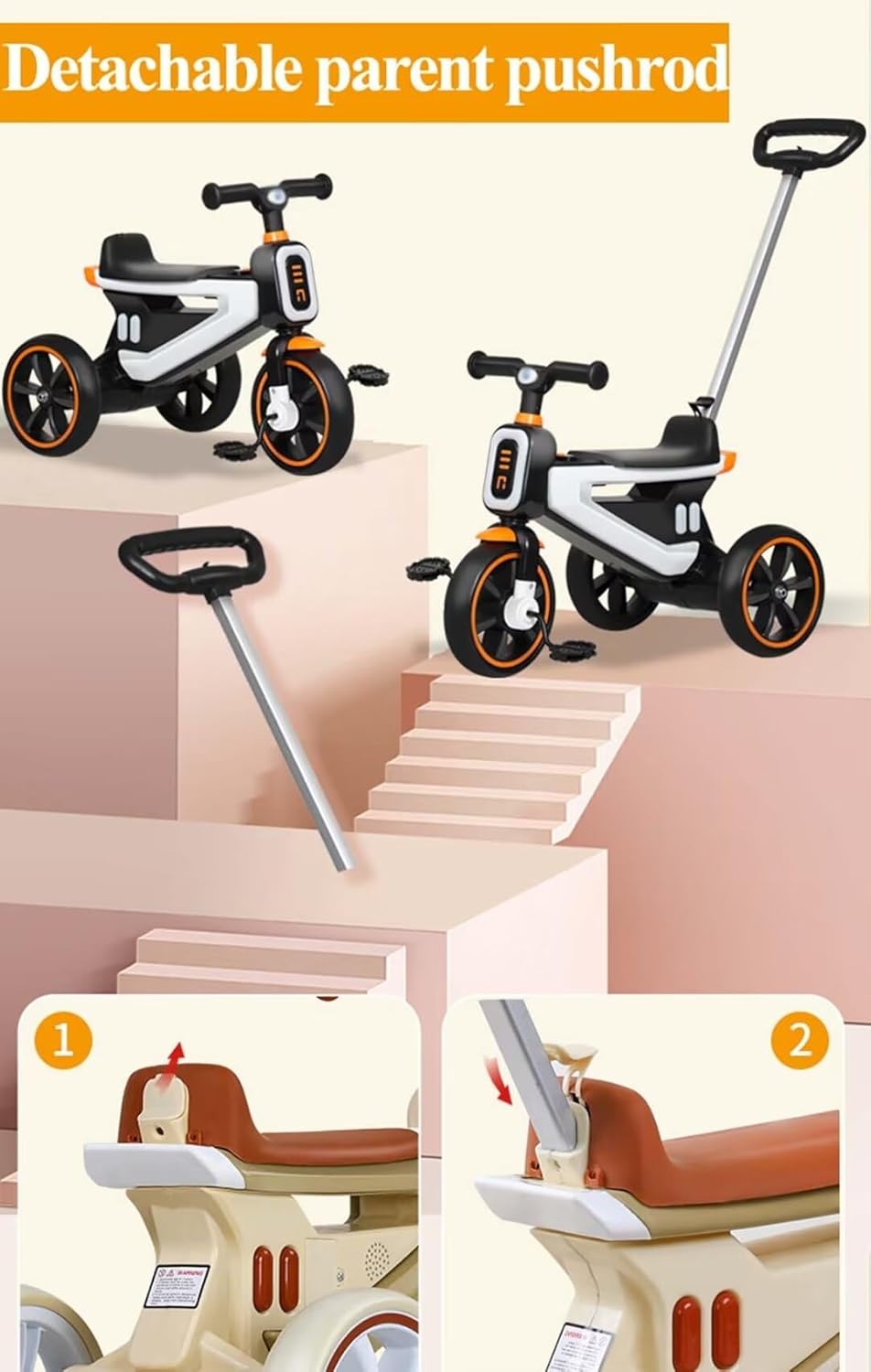Tricycle Model For Kids With Rear HANDLE - 3010-T Beige