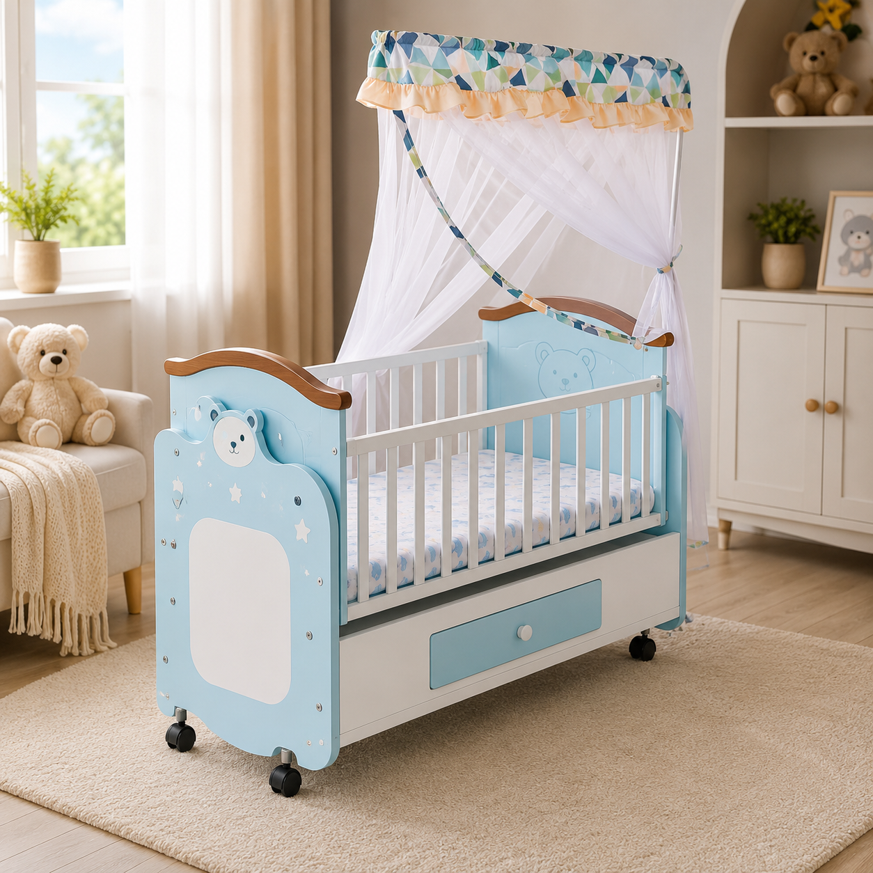 BABY WOODEN CRIB WITH MOSQUITO NET AND STORAGE - BLUE