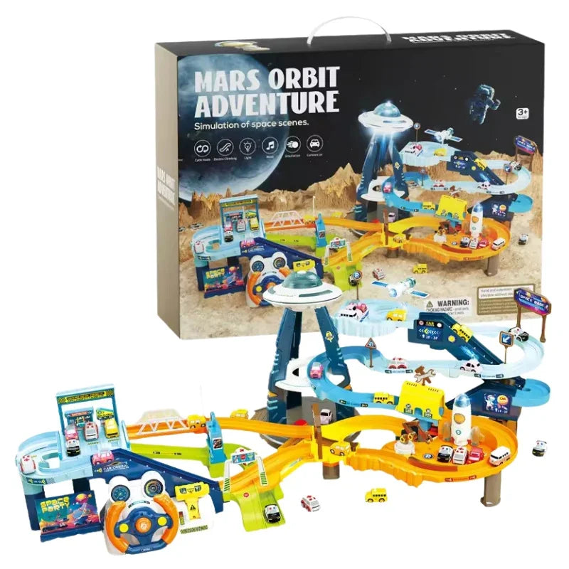 2 in 1  Car Adventure Light Music Electric Steering Wheel Mars Base Track With 6 Cars Traffic Toy Set